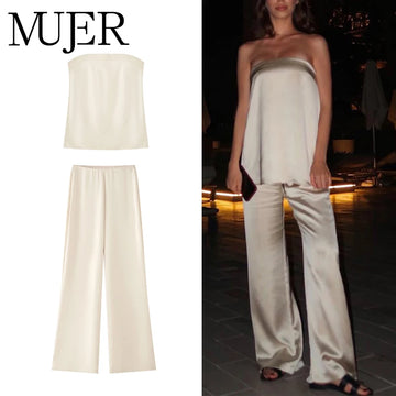 MUJER 2025 Women's Pants Sets Summer Satin High Waist Pants for Women Holiday Casual Pants Woman Straight Leg Trousers Woman