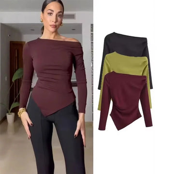 HXAO Women's T-shirt Summer Tops One-shoulder Asymmetrical long sleeve T-shirts Woman Clothing Y2K Off-shoulder tops