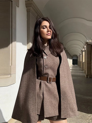 Chic Solid Color Elegant Woman Three Piece Set Detachable Cape Lapel Breasted Vest High Waist Shorts Versatile Women's New Suits