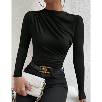 Mia Muse Women's T-Shirts Autumn Simple Plain Ruffle Long Sleeve Crew Neck Regular Casual T-Shirts