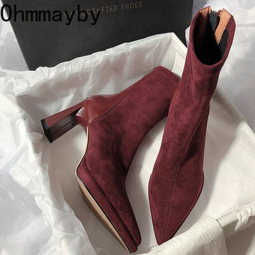 Square High Heel Women Ankle Boots Fashion Zippers Shoes Retro Style Autumn Winter Pointed Toe Ladies Dancing Party Prom Shoes