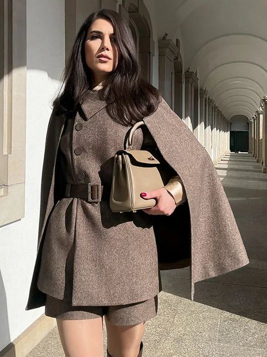 Chic Solid Color Elegant Woman Three Piece Set Detachable Cape Lapel Breasted Vest High Waist Shorts Versatile Women's New Suits