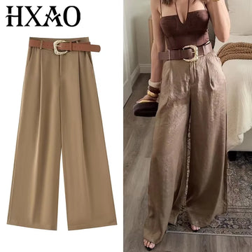 HXAO Women's Pants High Waist Wide Leg Pants with Belt Satin Long Trousers Pockets Casual Baggy Pants Summer Elegant Lady Pants
