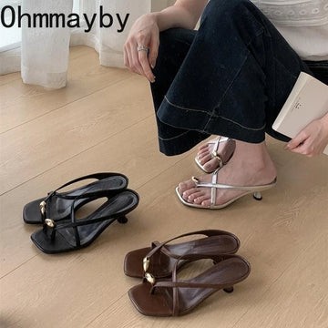 Designer Summer Metal Clip Toe Women Slippers Fashion High Heel Dress Shoes Ladies Outdoor Gladiator Sandalias ·