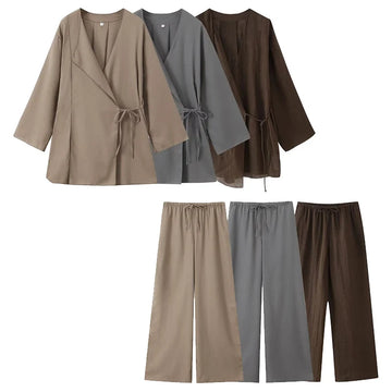 Willshela Women Fashion 2 Piece Set Solid Lace Up Shirts & Vintage Elastic Waist Trousers Feamle Chic Lady Pants Sets