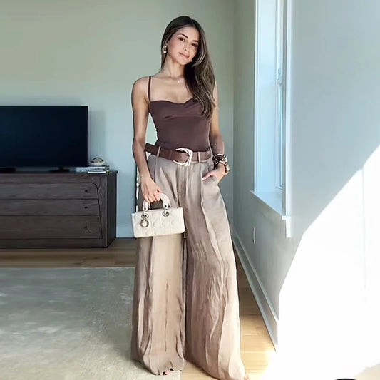 HXAO Women's Pants High Waist Wide Leg Pants with Belt Satin Long Trousers Pockets Casual Baggy Pants Summer Elegant Lady Pants
