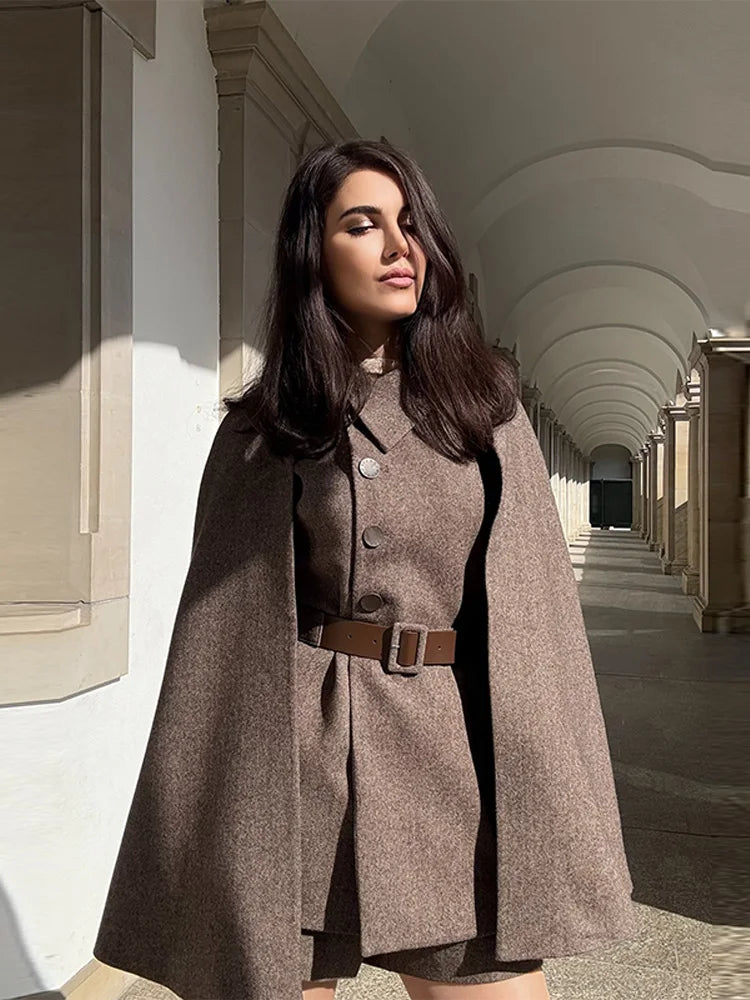 Chic Solid Color Elegant Woman Three Piece Set Detachable Cape Lapel Breasted Vest High Waist Shorts Versatile Women's New Suits