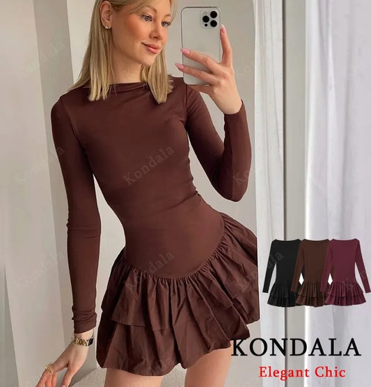 KONDALA Women Fall Elegant Long Sleeve Dress Layered Hem Stretch Slim Brown Short Dress 2025 Spring Fashion Casual Retro Dress