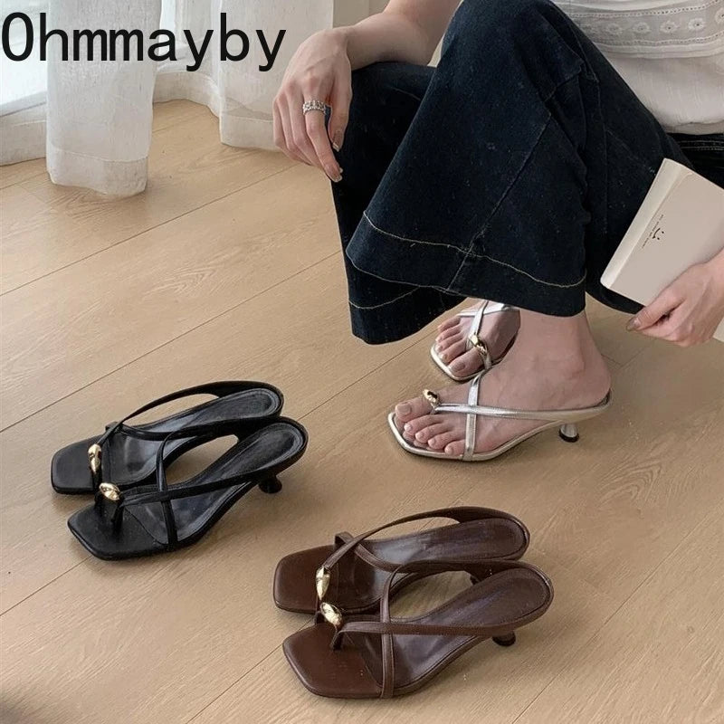 Designer Summer Metal Clip Toe Women Slippers Fashion High Heel Dress Shoes Ladies Outdoor Gladiator Sandalias ·