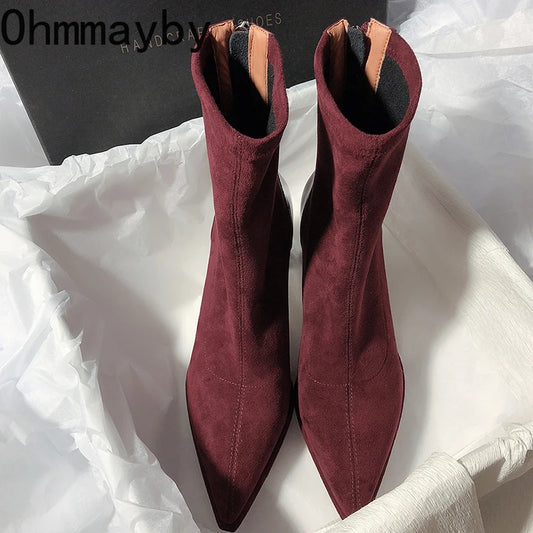 Square High Heel Women Ankle Boots Fashion Zippers Shoes Retro Style Autumn Winter Pointed Toe Ladies Dancing Party Prom Shoes