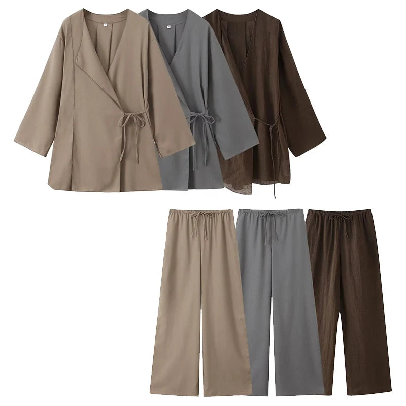 Willshela Women Fashion 2 Piece Set Solid Lace Up Shirts & Vintage Elastic Waist Trousers Feamle Chic Lady Pants Sets