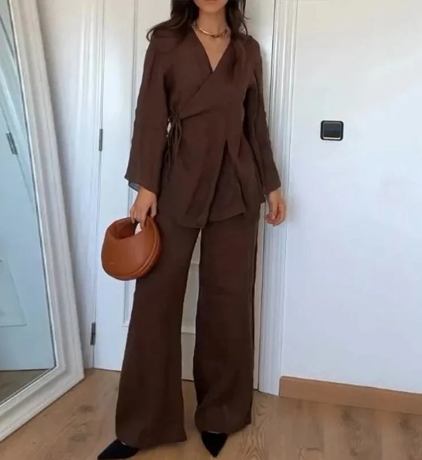 KONDALA Fall Casual Chic Loose Set Women Set Fashion 2025 Spring Autumn Long Sleeve Kimono Crossover Jacket+Pants NightWear Suit
