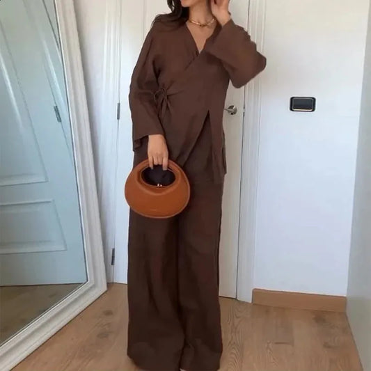 KONDALA Fall Casual Chic Loose Set Women Set Fashion 2025 Spring Autumn Long Sleeve Kimono Crossover Jacket+Pants NightWear Suit